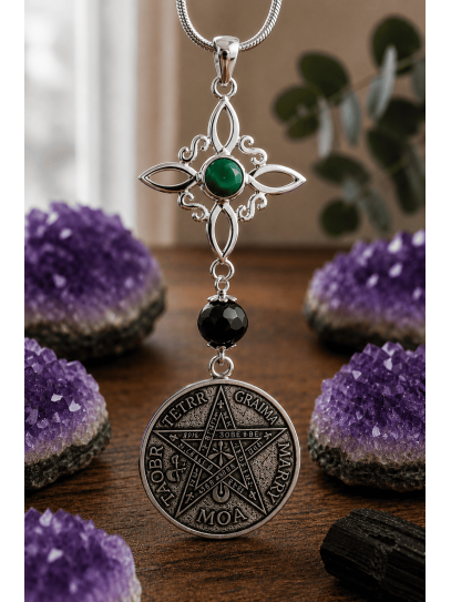 Witch's Knot Necklace with Emerald, Tourmaline and Tetragrammaton - Double EXTREME protection