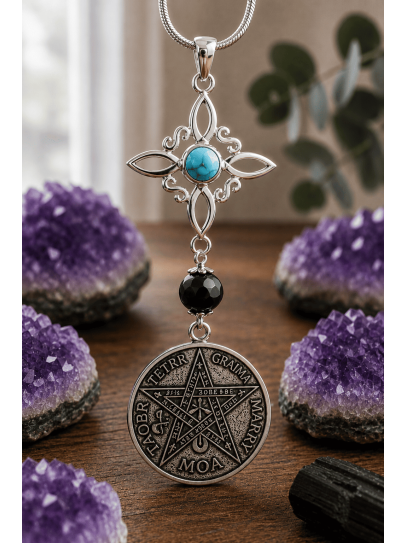 Witch's Knot Necklace with Turquoise, Tourmaline and Tetragrammaton - Double EXTREME protection
