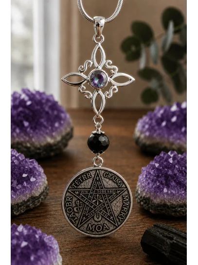 Collar Nudo Brujas de Topacio Místico, Turmalina y Tetragramatón - Doble protección EXTREMA