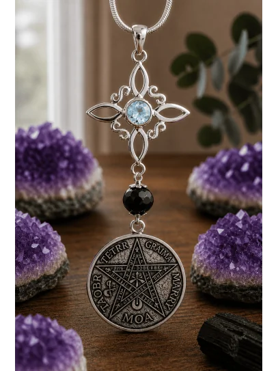 Collar Nudo Brujas de Topacio azul, Turmalina y Tetragramatón - Doble protección EXTREMA