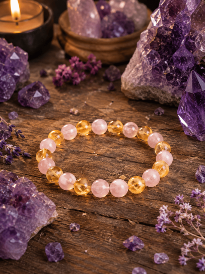 Pulsera doble imán de la abundancia y el amor 8mm | Citrino y Cuarzo rosa