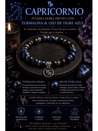 🔮 Capricorn Zodiac Sign Bracelet 6mm | Black Tourmaline and Blue Tiger's Eye