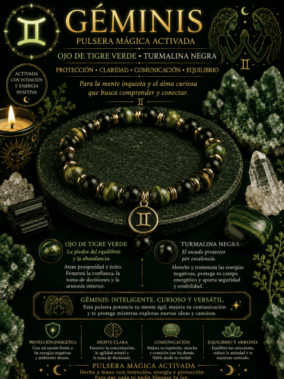 🔮 Gemini Zodiac Sign Bracelet with Green Tiger's Eye and Tourmaline 6mm | Protection and Luck