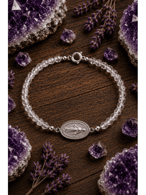 Pulsera de Cuarzo transparente y Virgen de la Milagrosa | Protección y suerte