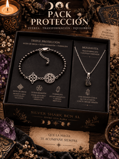 Kit Encanteri màgic de Triple Protecció 🔮 Moldavita · Nus de Bruixa · Tetragramató · Turmalina negra