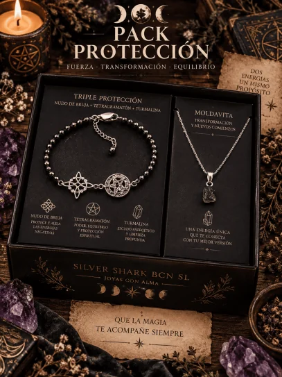 Kit Encanteri màgic de Triple Protecció 🔮 Moldavita · Nus de Bruixa · Tetragramató · Turmalina negra