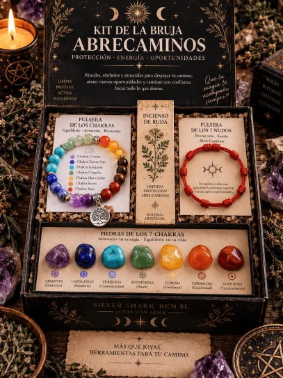 🔮 Kit poderós de la Bruixa Abrecamins - 7 Chakras, polsera 7 nusos i ruda