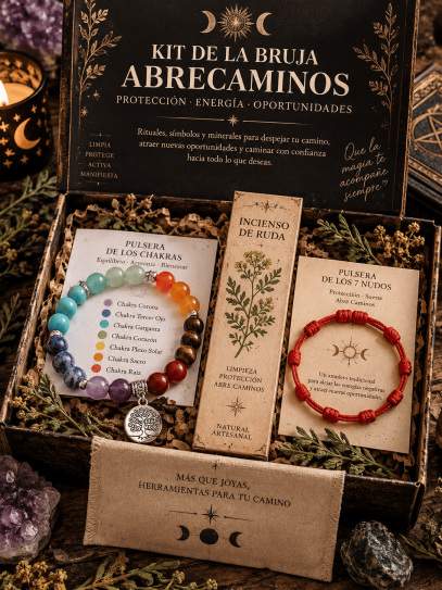 🔮 Kit poderoso de la Bruja Abrecaminos - 7 Chakras, pulsera 7 nudos y ruda
