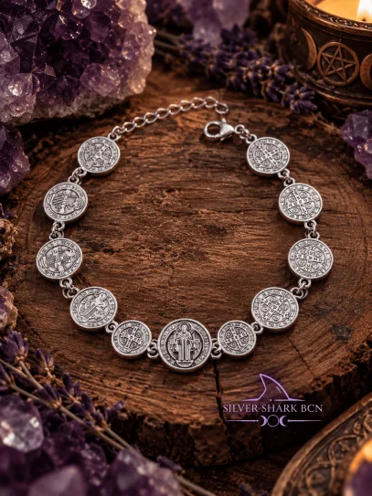 Polsera protectora de 11 medalles de Sant Benet d'Acer inoxidable