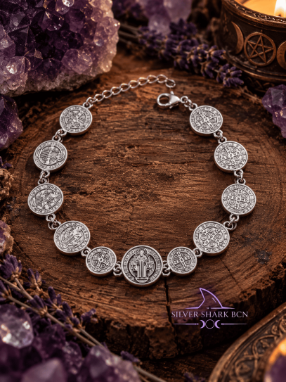 Pulsera protectora de 11 medallas de San Benito de Acero inoxidable