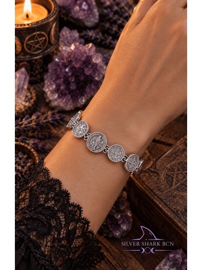 Protective bracelet with 11 St. Benedict medals in stainless steel