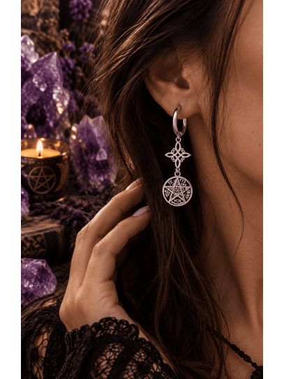 Double energy shield earrings with Witch's Knot and Tetragrammaton in stainless steel