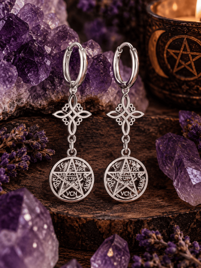 Double energy shield earrings with Witch's Knot and Tetragrammaton in stainless steel