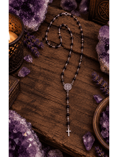 Sacred Rosary Necklace with Tourmaline and Saint Benedict in Stainless Steel