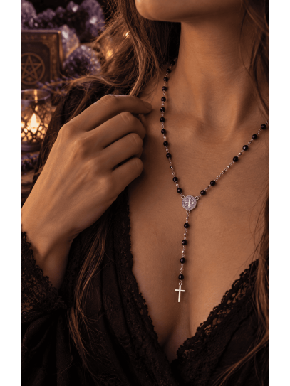 Sacred Rosary Necklace with Tourmaline and Saint Benedict in Stainless Steel