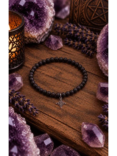 Pulsera piedra volcánica y Nudo de Bruja 6mm | Protección contra el mal