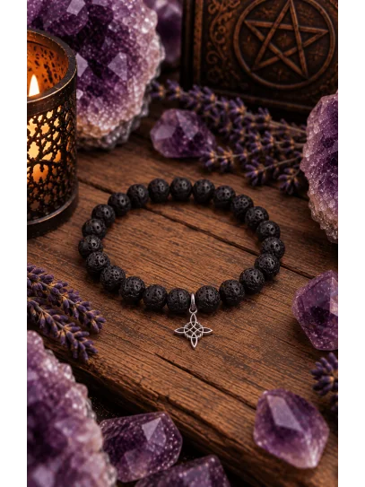 Pulsera piedra volcánica y Nudo de Bruja 8mm | Protección contra el mal