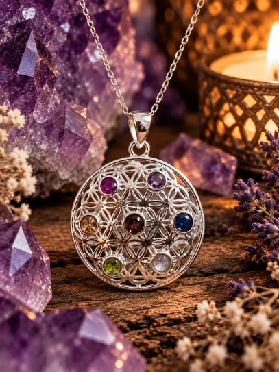 Cosmic Aura 7-Chakra Necklace in 925 Sterling Silver | Flower of Life ✨