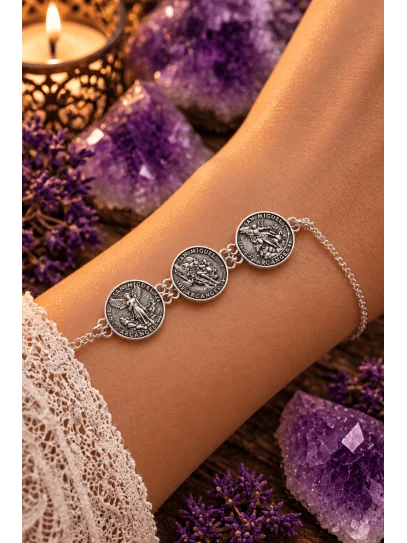 Pulsera triple San Miguel Arcangel extremo protector de plata