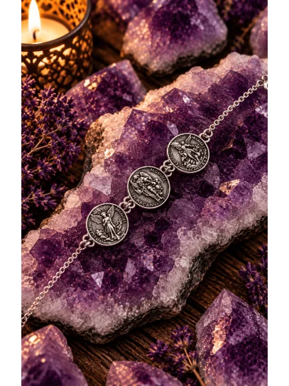 Pulsera triple San Miguel Arcangel extremo protector de plata