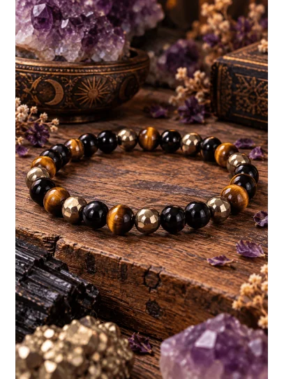 Pulsera Tríada del Poder ✨ Turmalina Negra, Pirita y Ojo de Tigre | Protección, Abundancia y Confianza