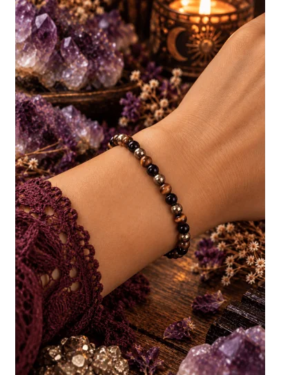 Pulsera Tríada del Poder ✨ Turmalina Negra, Pirita y Ojo de Tigre | Protección, Abundancia y Confianza