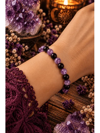 Pulsera Doble Protección 6 mm | Turmalina Negra y Amatista Natural ✨ Protección y Equilibrio Espiritual