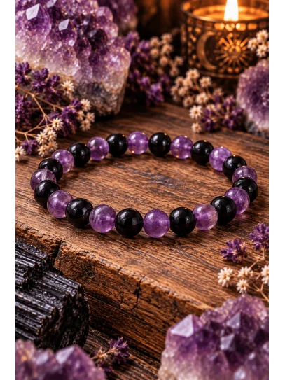 Pulsera Doble Protección 6 mm | Turmalina Negra y Amatista Natural ✨ Protección y Equilibrio Espiritual
