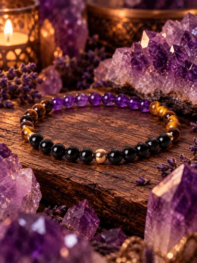 🔮 Pulsera triple Portal Protector de Turmalina, Ojo de Tigre y Amatista de 6 mm