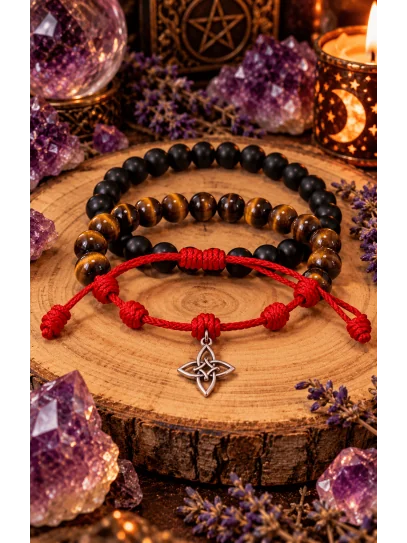 Pack Triple Protección Extrema 🔥 | Pulsera 7 Nudos Roja, Turmalina Negra y Ojo de Tigre