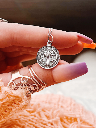 Silver 'Saint Benedict Medal' necklace