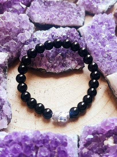 Pulsera 'Asha' de Ónix negro con Buda 8mm | Protección y mal de ojo