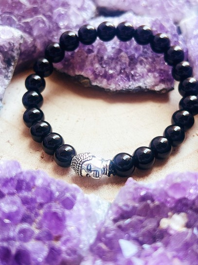 Pulsera 'Asha' de Ónix negro con Buda 8mm | Protección y mal de ojo