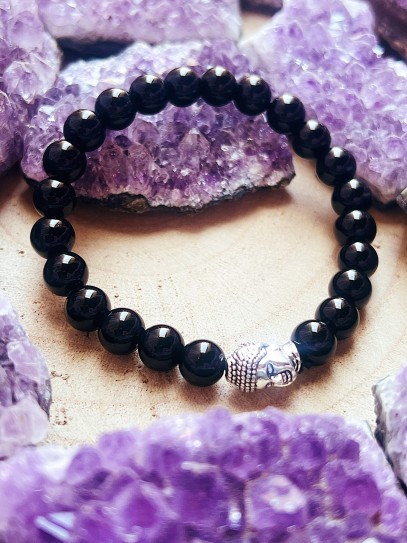 Pulsera 'Asha' de Ónix negro con Buda 8mm | Protección y mal de ojo