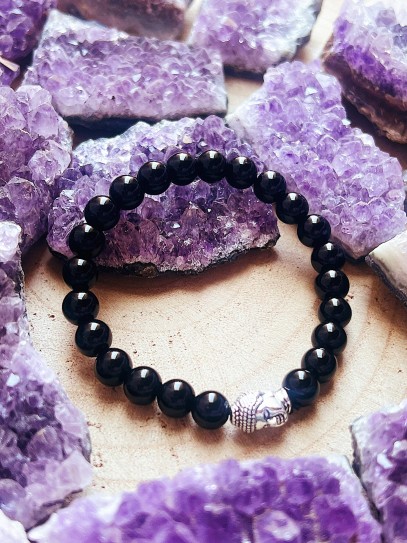 Pulsera 'Asha' de Ónix negro con Buda 8mm | Protección y mal de ojo