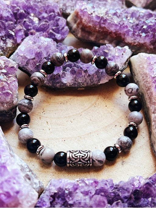 Polsera 'Thor' d'Obsidiana nevada i Ònix negre 8mm | Protecció